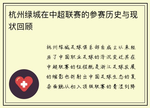杭州绿城在中超联赛的参赛历史与现状回顾