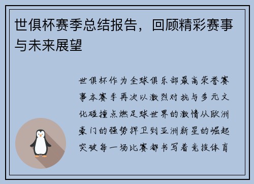 世俱杯赛季总结报告，回顾精彩赛事与未来展望