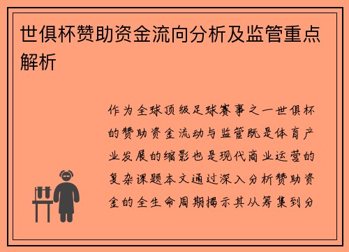 世俱杯赞助资金流向分析及监管重点解析